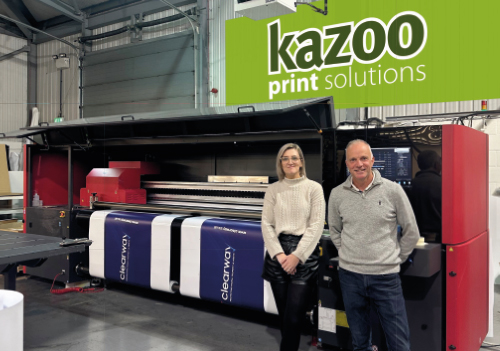 Simon Talbot and Charlotte Smallman from Kazoo Print with the EFI Pro 30h 3.2m UV LED hybrid printer