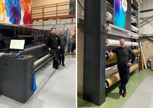 Adrian Rushton and Keith Brickland at MX Display with an EFI VUTEk FabriVU 340i textile printer and a High Roller Carousel from CMYUK