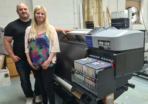 Stuart Kettridge and Lisa Bence from British Fabric Printing with an Epson SureColor SC-F9400H dye sublimation printer from CMYUK